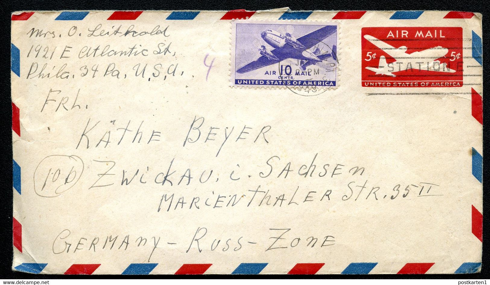 UC15 PSE Airmail Cover Used Philadelphia PA To Germany Soviet Zone 1948 - 1941-60