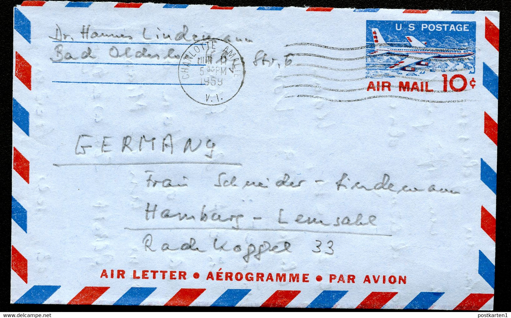 UC32a PSE Aerogramme Used CHARLOTTE AMALIE VI To Germany 1959 Cat. $5.00 - 1941-60