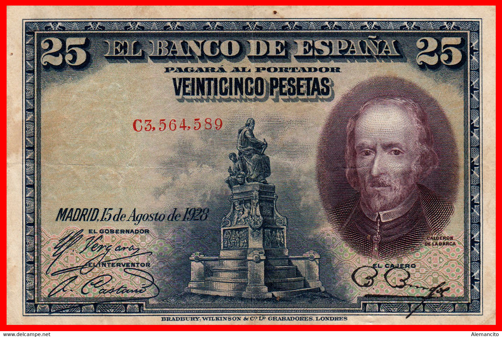 ESPAÑA – BILLETE DE 25 PTAS. AÑO 1928 – SERIE E3,564,589 CONSERVACION INMEJORABLE - 1-2-5-25 Peseten