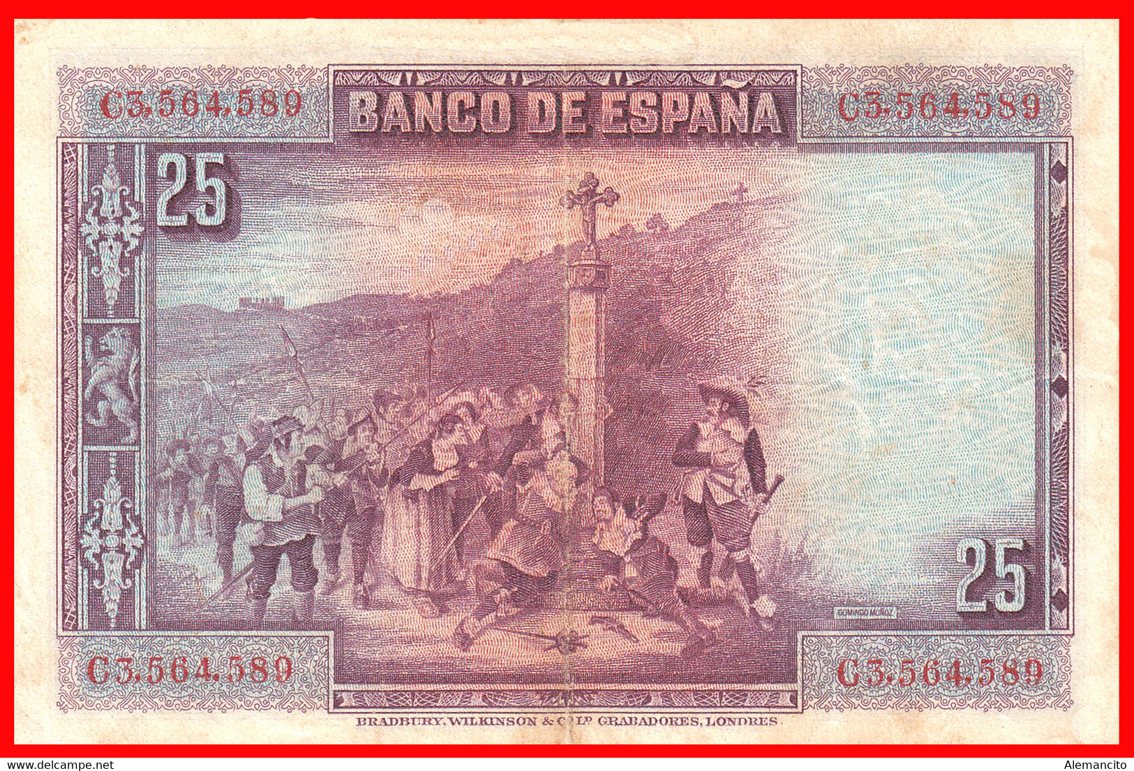 ESPAÑA – BILLETE DE 25 PTAS. AÑO 1928 – SERIE E3,564,589 CONSERVACION INMEJORABLE - 1-2-5-25 Pesetas