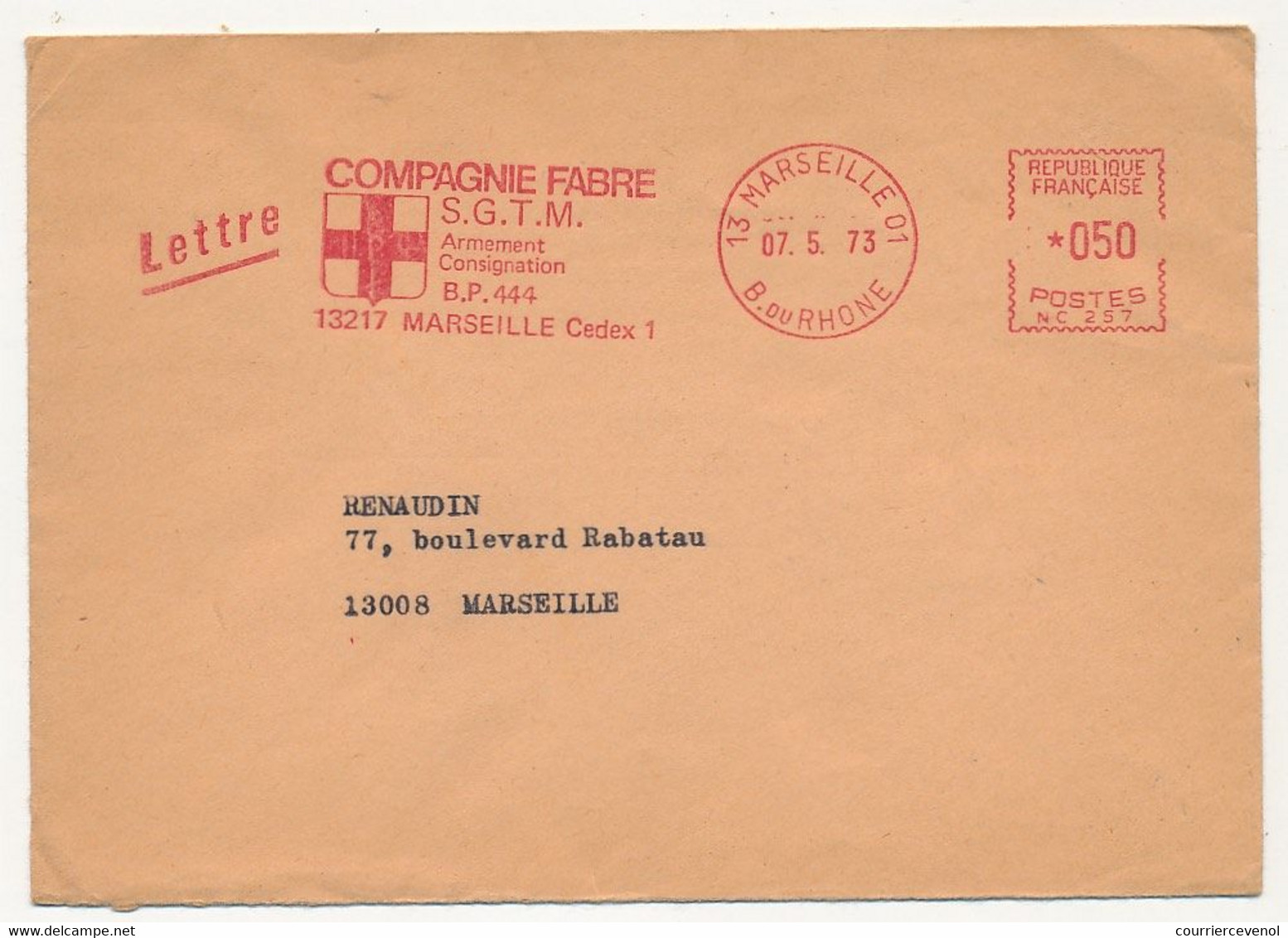 FRANCE - Enveloppe EMA - Compagnie FABRE S.G.T.M. Armement Consignation - MARSEILLE 01 - 7/5/1973 - Freistempel