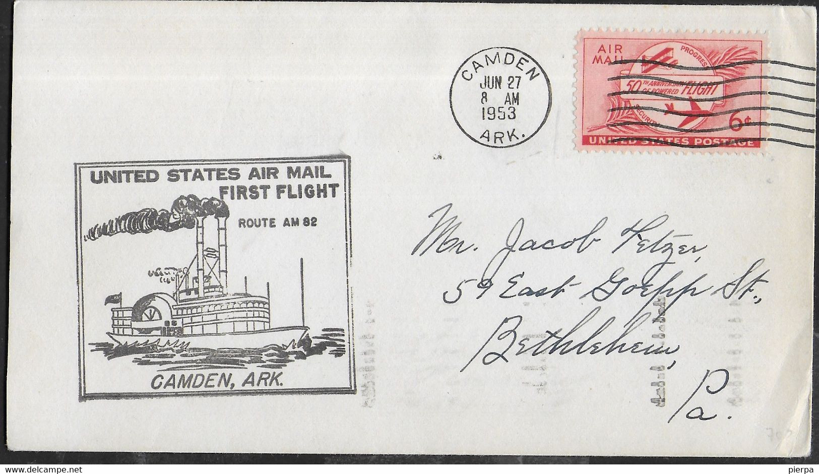 U.S.A.- FIRST FLIGHT-  CAMDEN, ARK - SHREVEPORT - JUN.28 1953 - SU BUSTA - Otros & Sin Clasificación