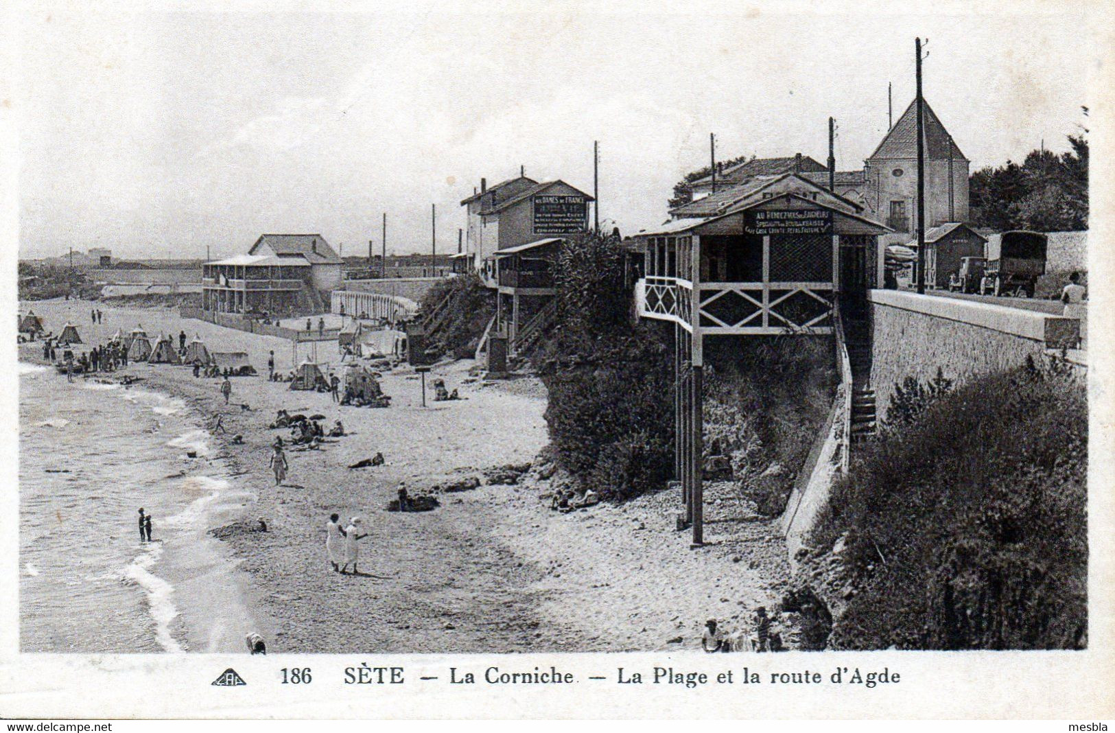 SETE (34)  La Corniche - La Plage Et La Route D'Agde - Publicités Aux Dames De France - Au Rendez Vous , Bouillabaisse.. - Sete (Cette)