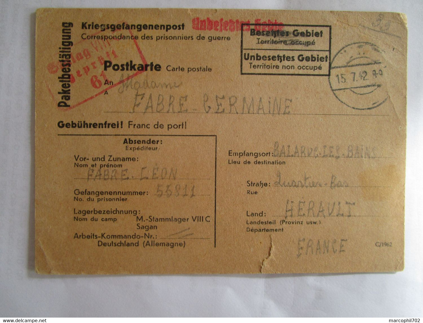 Carte Postale Allemagne Postkarte 3eme Reich D'un Prisonnier A Sa Femme 15/7/42 - Other & Unclassified