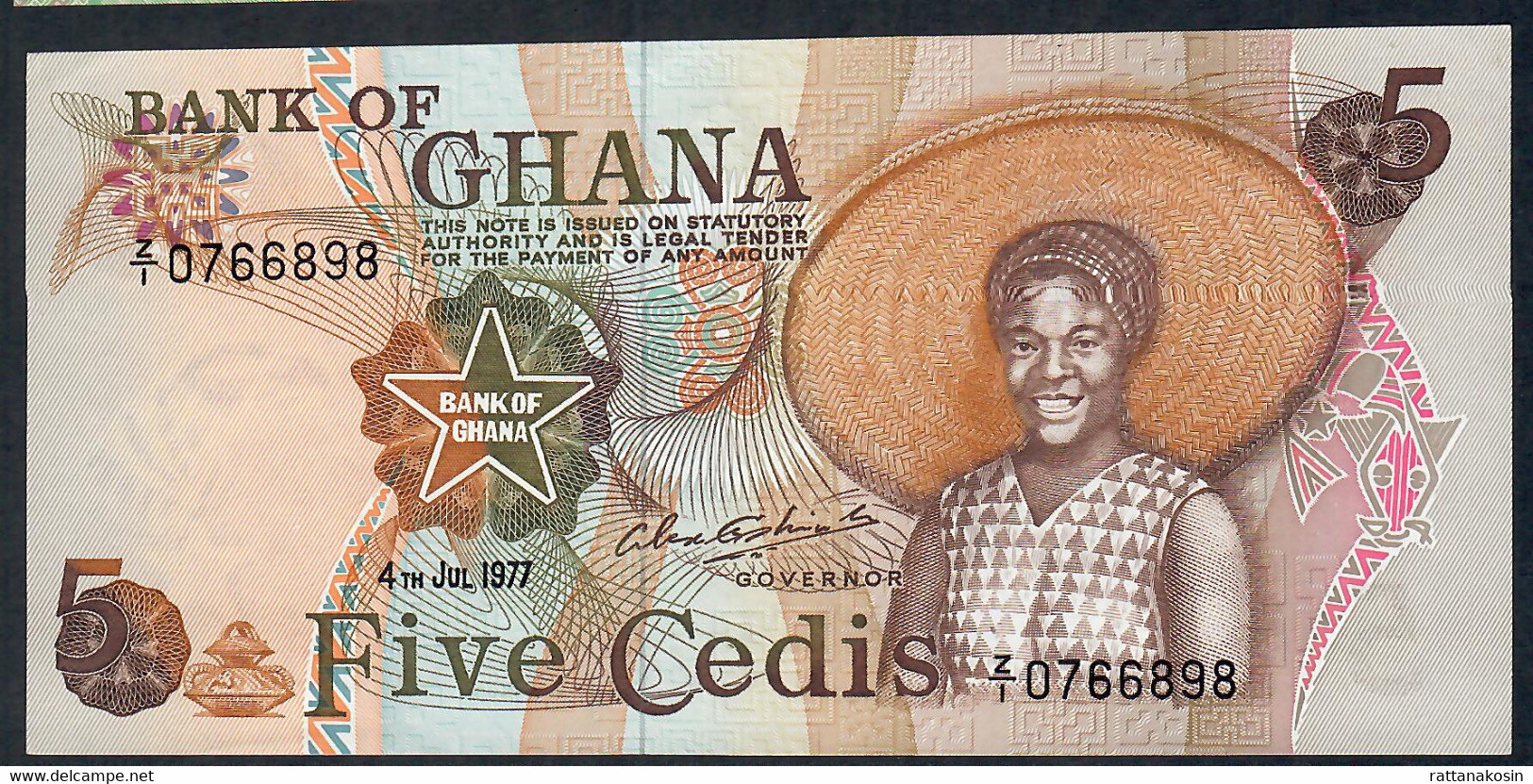 GHANA  P15e. 5 CEDIS 4.1.1977 #Z/1  Signature 7  UNC. - Ghana