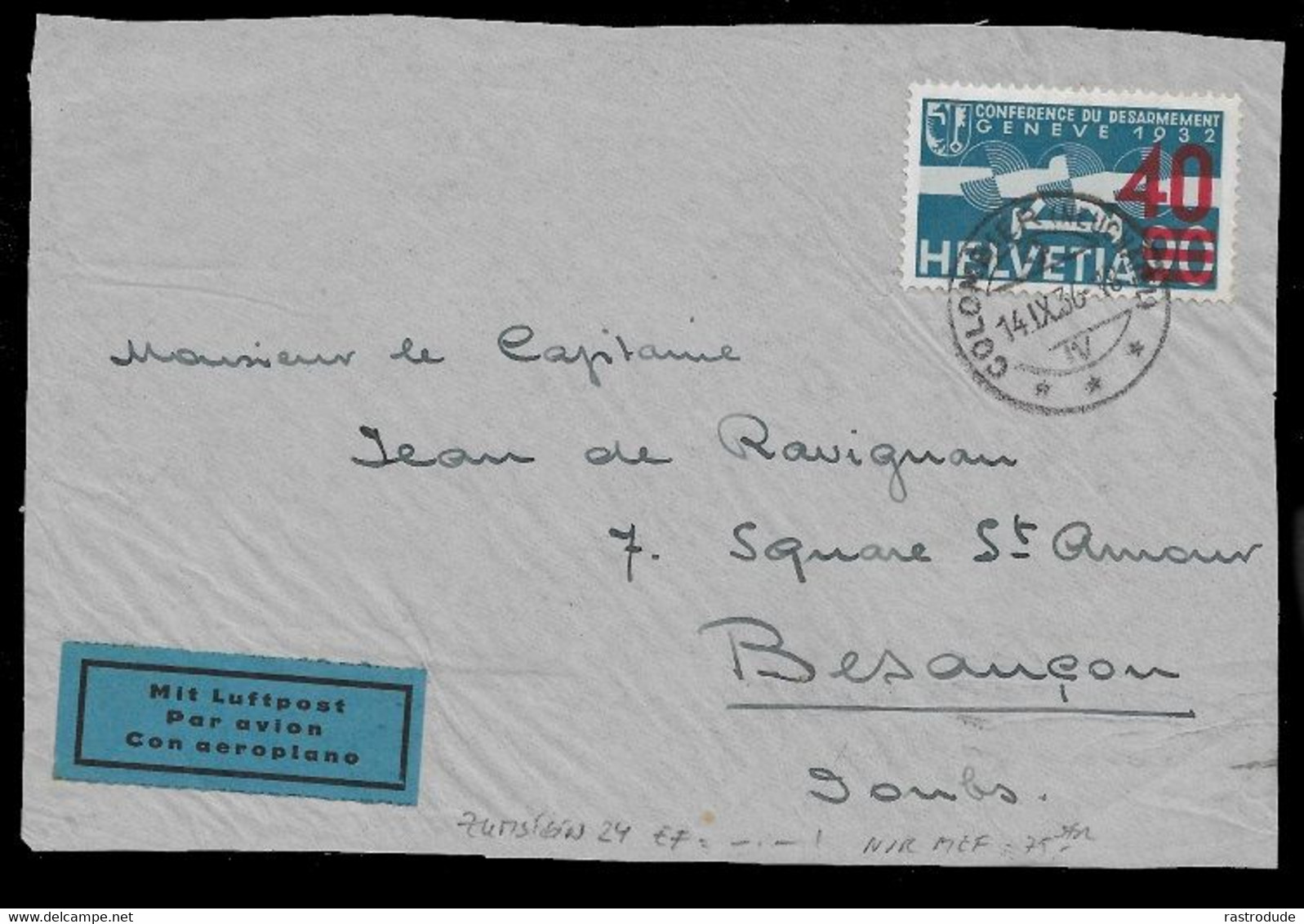 1936 SCHWEIZ SUISSE - FLUGMARKE 40 A.90 - ZUMSTEIN 24 EF -•- ! (nur Als MeF Bewertet)  Brief Vorderseite - Gebraucht