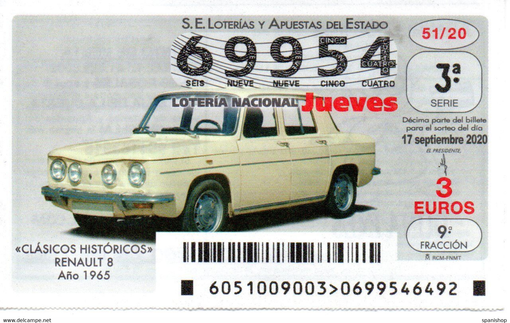 SPAIN LOTTERY TICKET VINTAGE AUTOMOVIL RENAULT 8 . CAR VOITURE COCHE - Loterijbiljetten