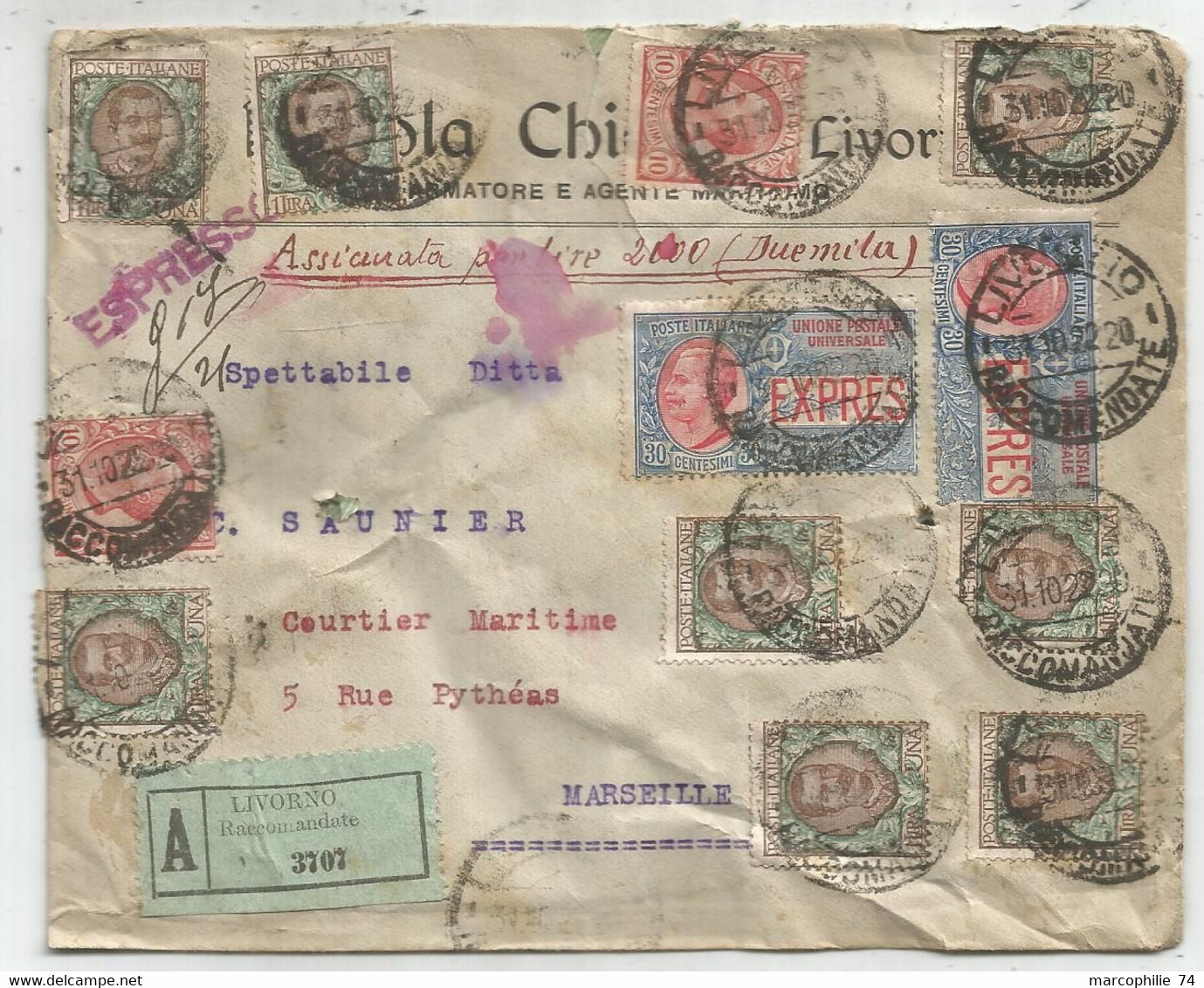 ITALIA EXPRES 30CX2+10C+1 LIRE X8 LETTERA REC ESPRESSO LIVORNO RACCOMANDATE ASSICURATA 1922 TO FRANCE - Marcophilia