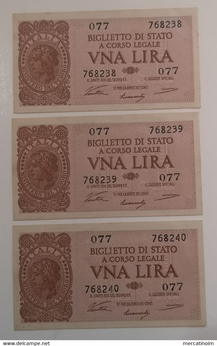 1 Una Lira Serie 3 Biglietti Numeri Consecutivi - Italië – 1 Lira