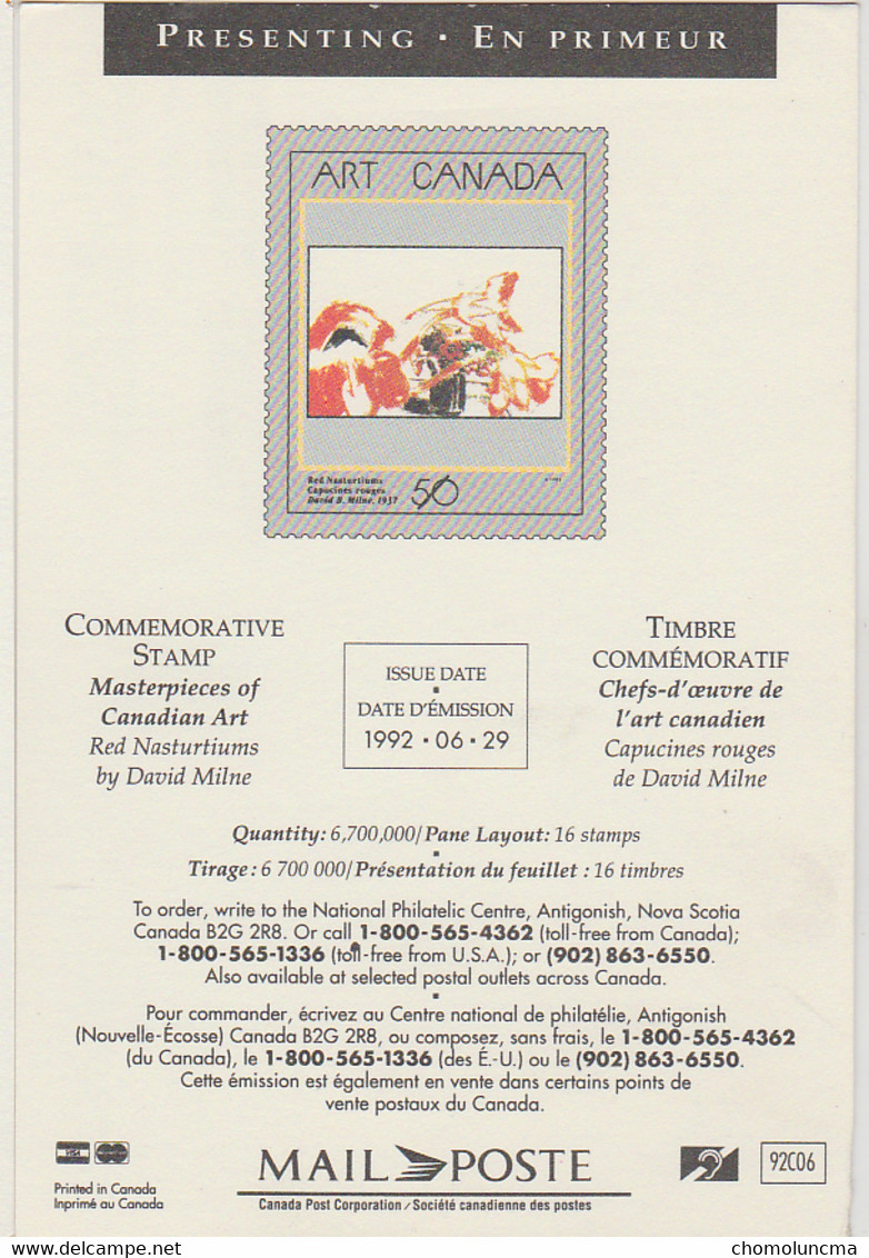 1992 Canada Post Letter Mail Presenting Poste Lettre En Primeur Art David Milne Red Nasturtiums Capucines Rouges - Postal History