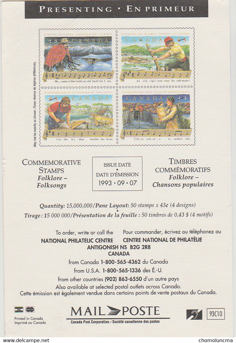 1992 Canada Post Letter Mail Presenting Poste Lettre En Primeur Folklore Folksongs Chansons Populaires Clé De SOL Key - Postal History