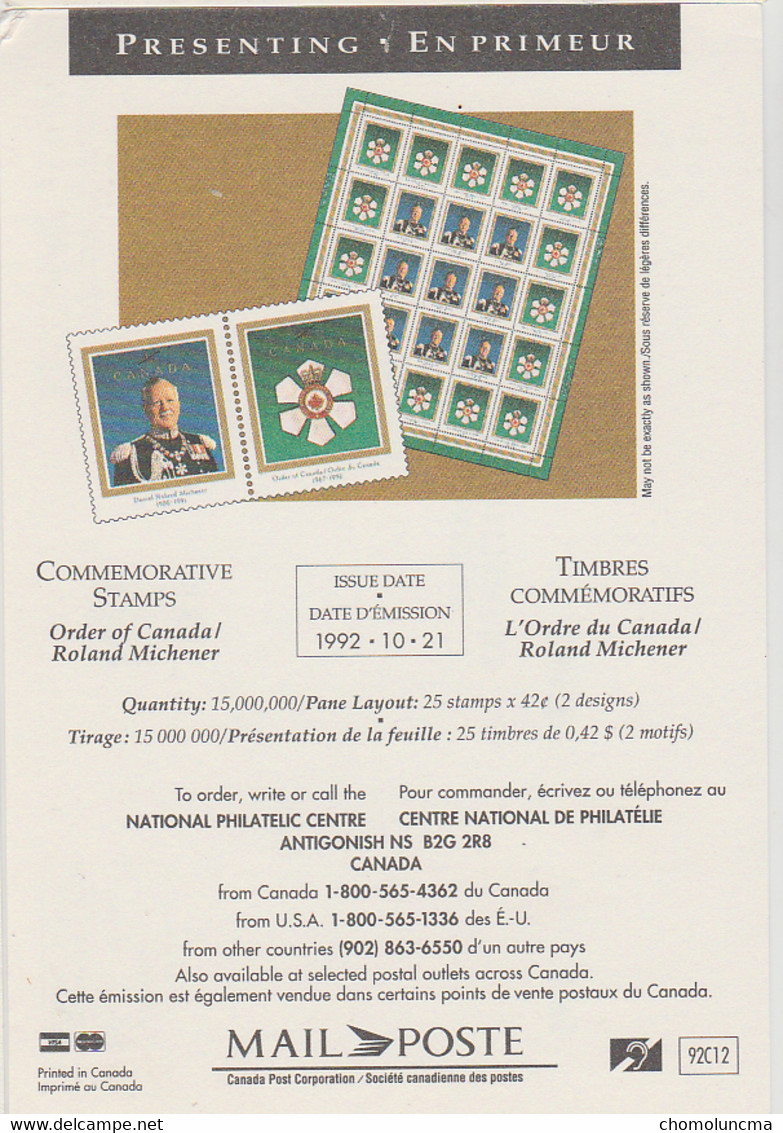 1992 Canada Post Letter Mail Presenting Poste Lettre En Primeur Order Ordre Roland Michener - Postal History