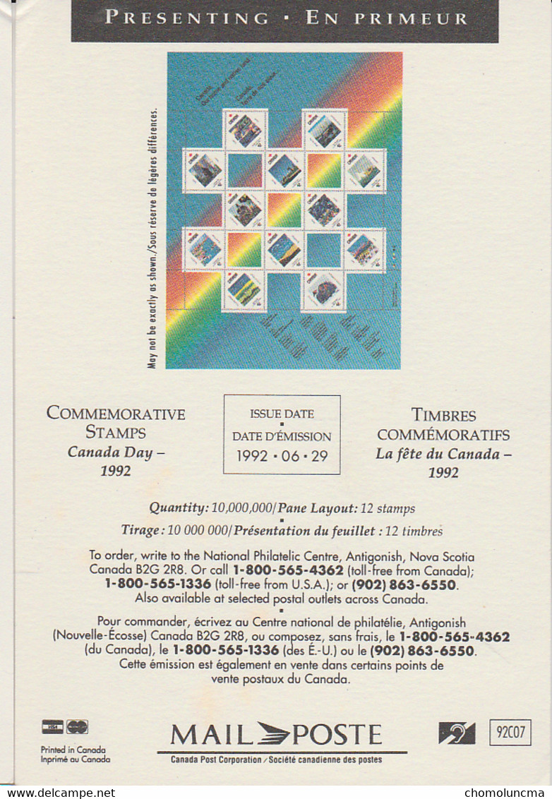 1992 Canada Post Letter Mail Presenting Poste Lettre En Primeur Celebrate Célébrons Le Canada Day Fête - Postal History