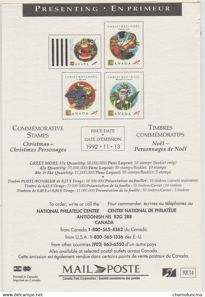 1992 Canada Post Letter Mail Presenting Poste Lettre En Primeur Christmas Personages Personnages De Noël - Postal History