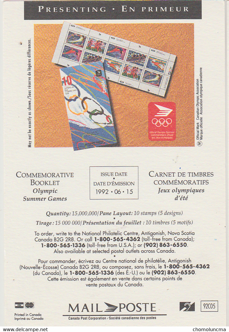 1992 Canada Post Letter Mail Presenting Poste Lettre En Primeur Olympic Summer Games Jeux Olympiques D'Ete Barcelona - Postal History