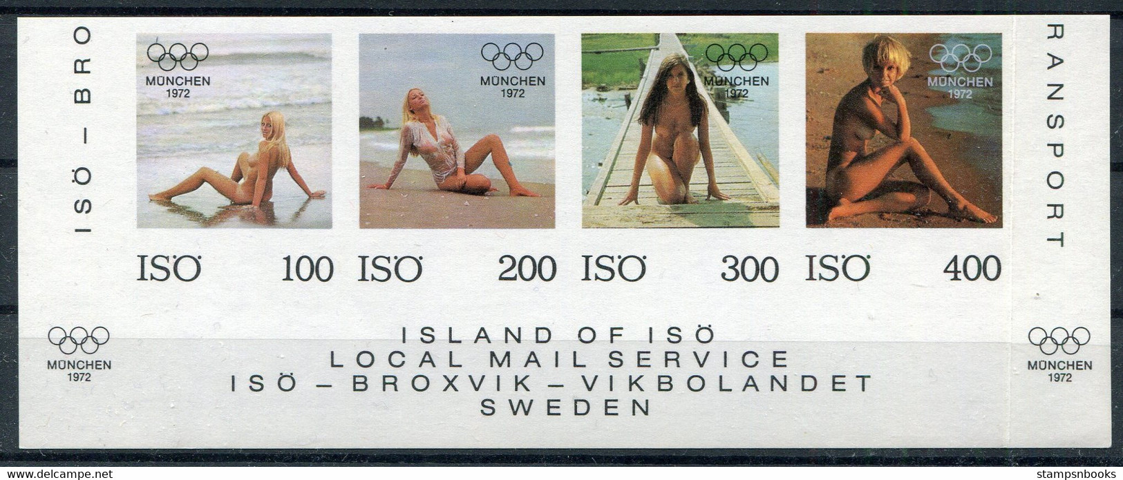 1972 Sweden ISÔ Local Mail Service, Glamour Nude Girls, Olympic München Imperf Set Of 4 + First Day(?) Postcard - Emissioni Locali