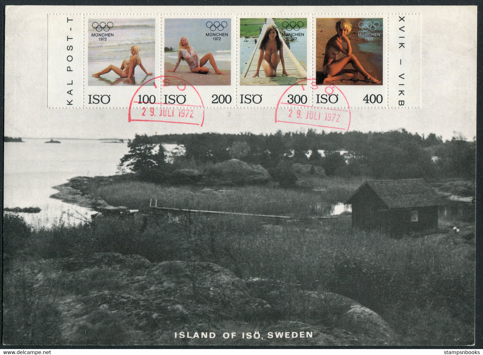 1972 Sweden ISÔ Local Mail Service, Glamour Nude Girls, Olympic München Imperf Set Of 4 + First Day(?) Postcard - Emisiones Locales