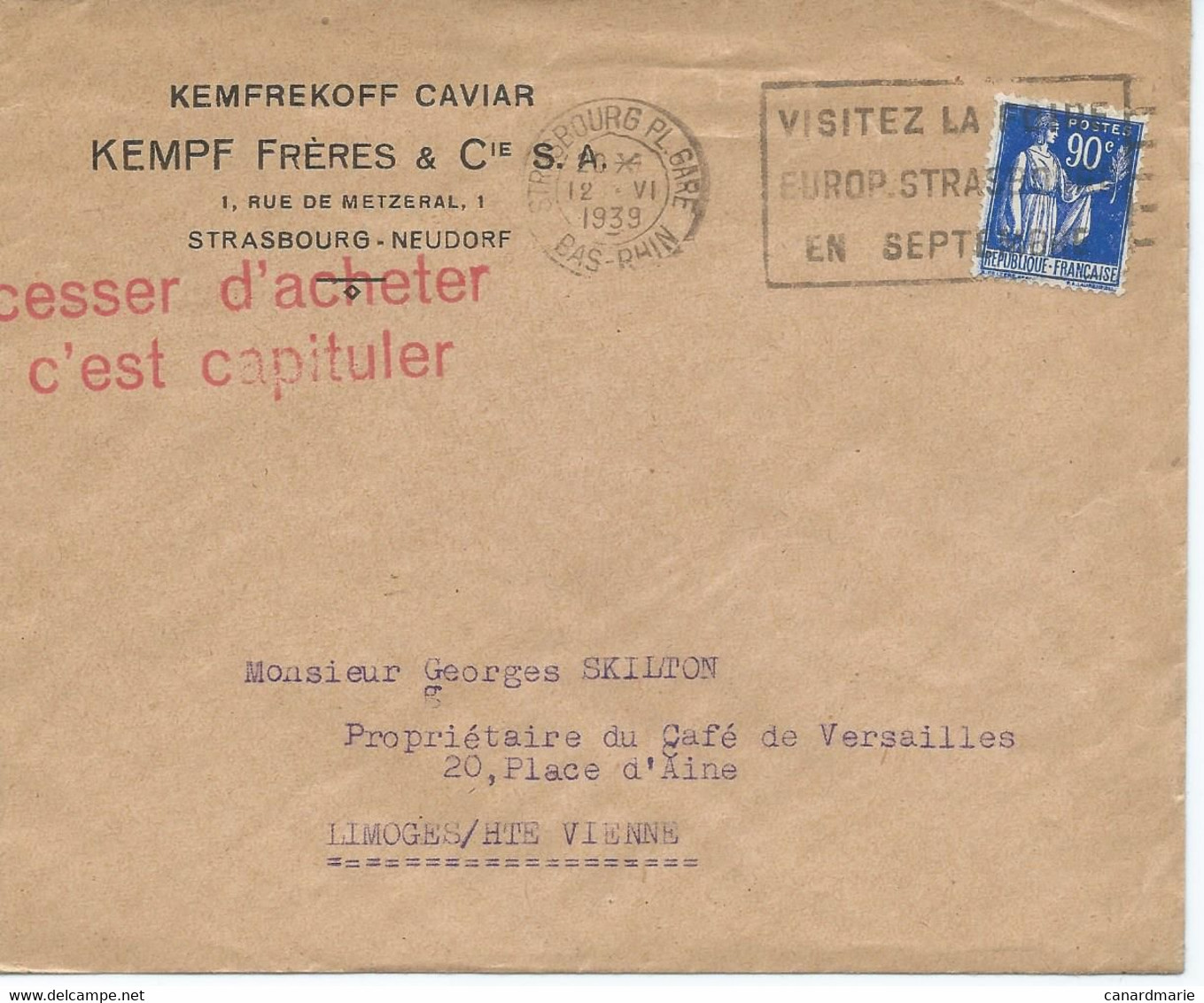 LETTRE 1939 AVEC TIMBRE A 90 CT AU TYPE PAIX ET SLOGAN  "CESSER D'ACHETER C'EST CAPITULER" - 1921-1960: Periodo Moderno