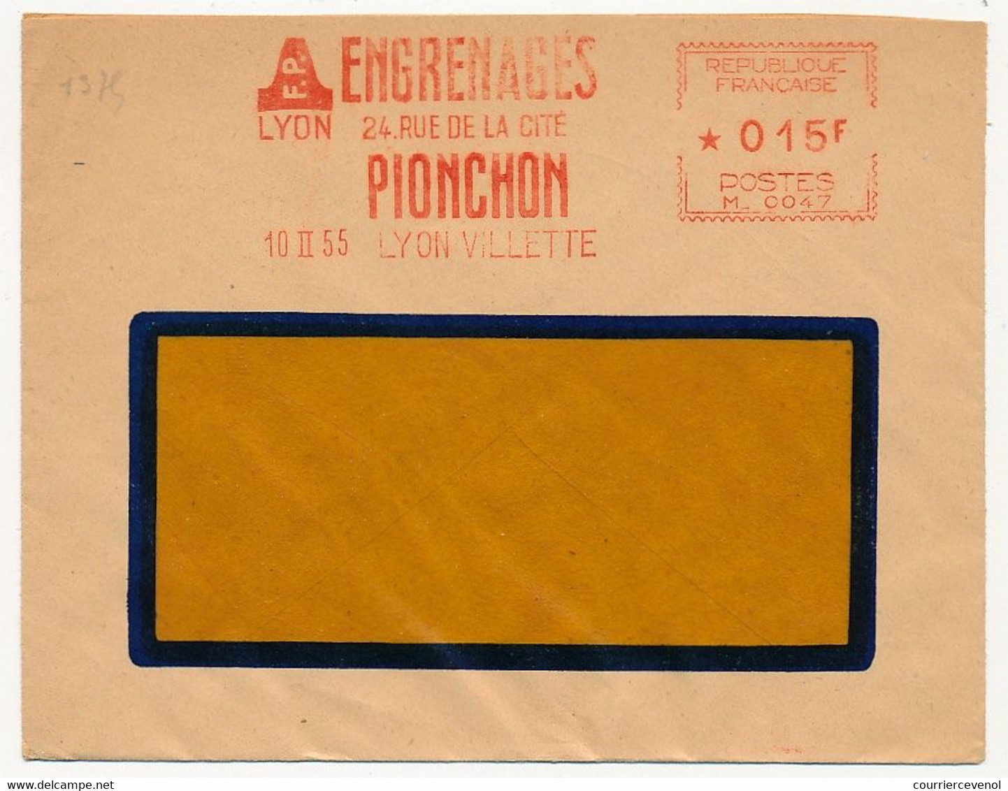 FRANCE - Env. à Fenêtre EMA - Engrenages Plonchon, 24 Rue De La Cité - LYON / 10/2/1955 Lyon Villette - EMA (Printer Machine)
