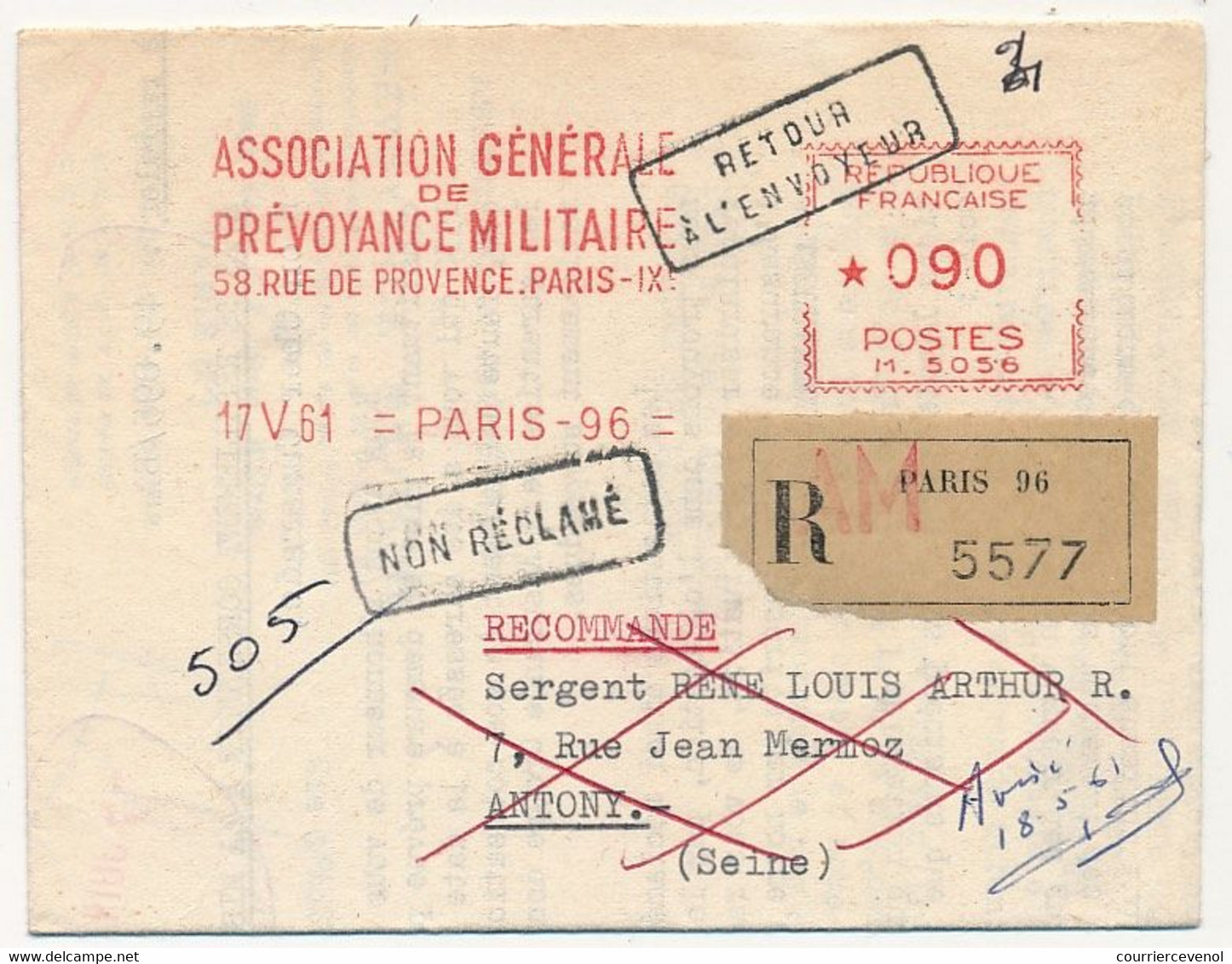 FRANCE - Feuille Pliée EMA - Association Générale De Prévoyance Militaire - 17/5/1961 PARIS 96 - EMA (Printer Machine)