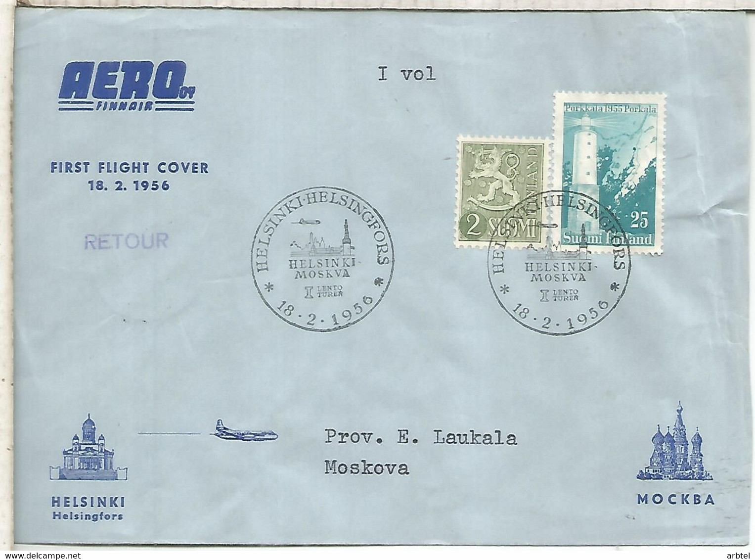 FINLANDIA 1956 PRIMER VUELO HELSINKI MOSCO MOSCOW FIRST FLIGHT - Storia Postale