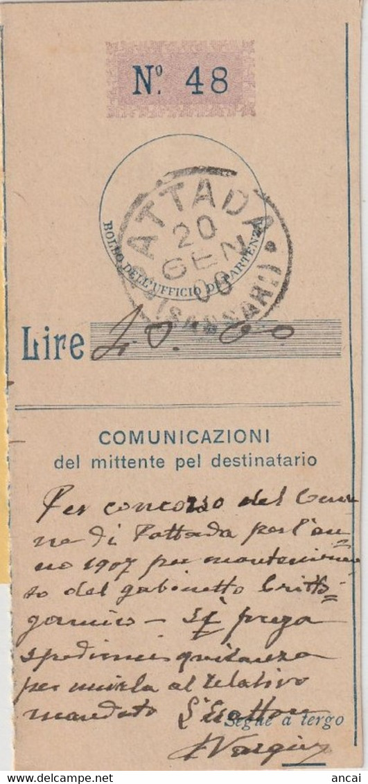 Pattada. 1908. Annullo Guller PATTADA (SASSARI), Su Ricevuta Vaglia - Tax On Money Orders