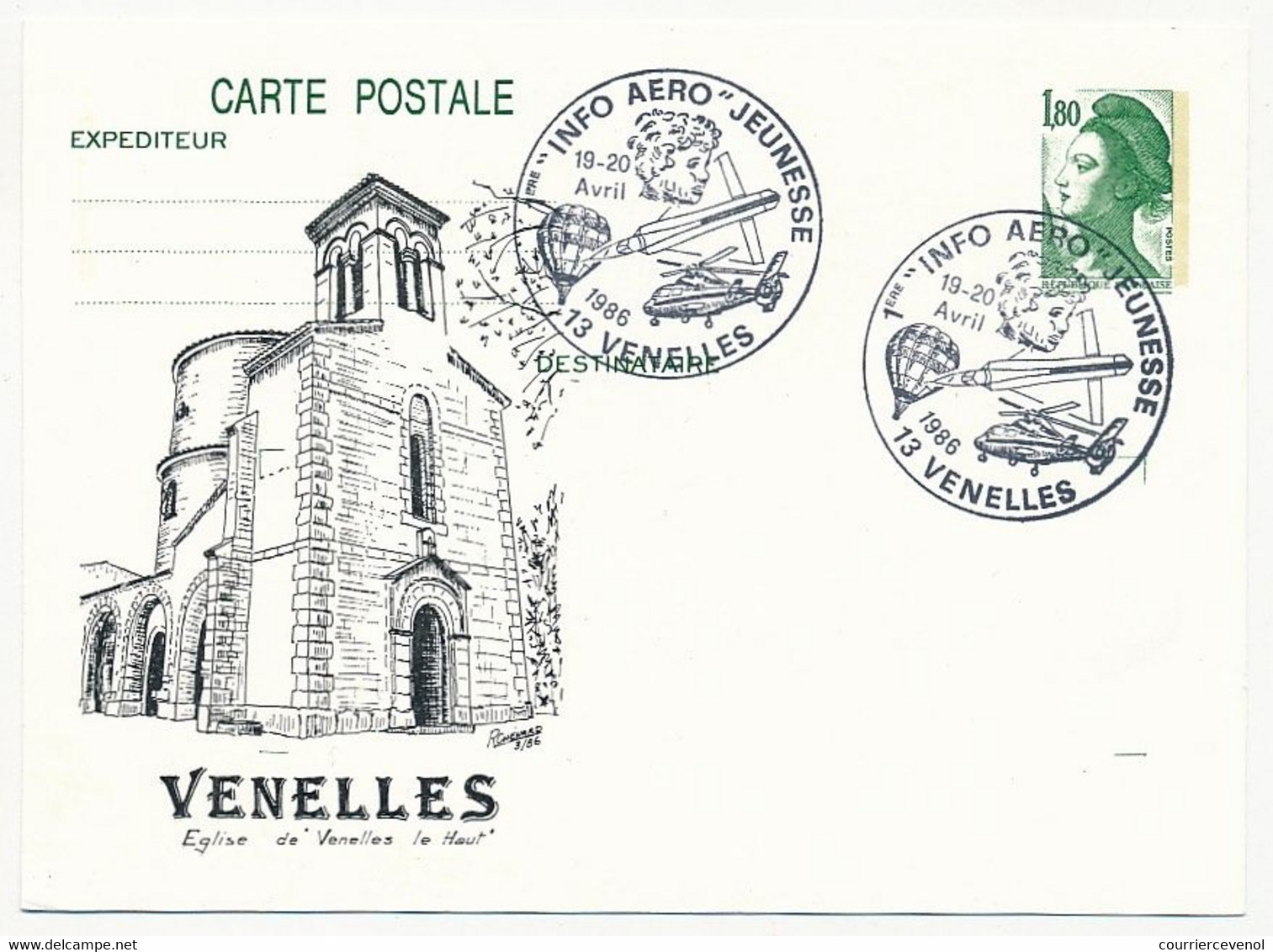 Entier Repiqué - 1,80 Liberté - Repiquage "Eglise De Venelles Le Haut" - Info Aéro Jeunesse - 13 VENELLES - 19 Avril 86 - Postales  Transplantadas (antes 1995)