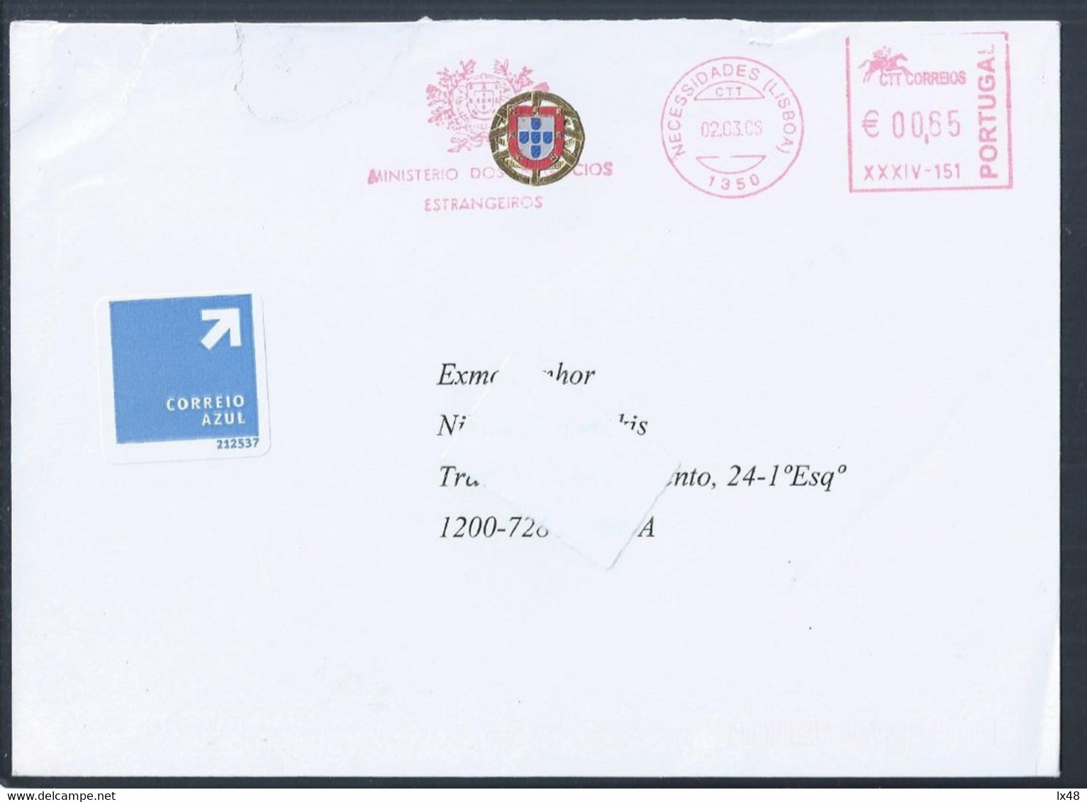 Carta De Correio Azul Com Franquia Mecânica Do Ministério Dos Negócios Estrangeiros, Lisboa. Escudo Da República. - Cartas & Documentos