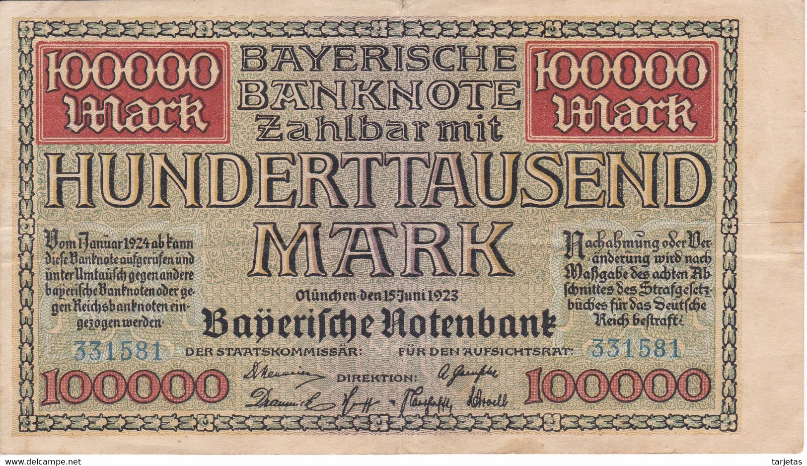 BILLETE DE ALEMANIA DE 100000 MARK DEL AÑO 1923  (BANKNOTE) - 100.000 Mark