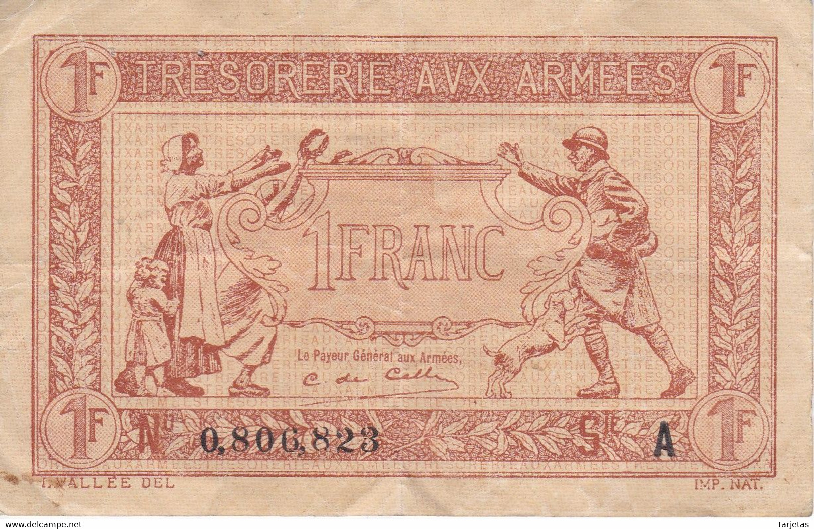 BILLETE DE FRANCIA DE 1 FRANC DEL AÑO 1917 SERIE A  (BANKNOTE)  TRESOSERIE ARMEES - 1917-1919 Legerschatkist