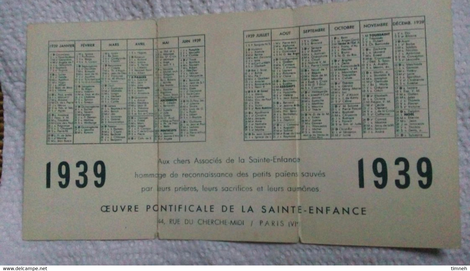 Calendrier De Poche 1939 OEUVRE PONTIFICALE DE LA SAINTE-ENFANCE Soeurs Providence Portieux MOUKDEN + Charité Metz CONGO - Petit Format : 1921-40