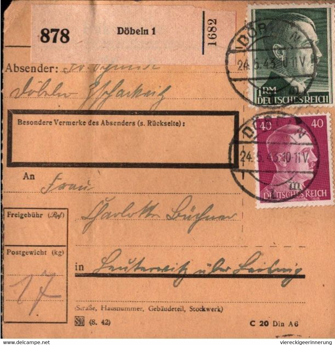 ! 1943 Döbeln, Sachsen,  Paketkarte, Deutsches Reich, 3. Reich - Covers & Documents