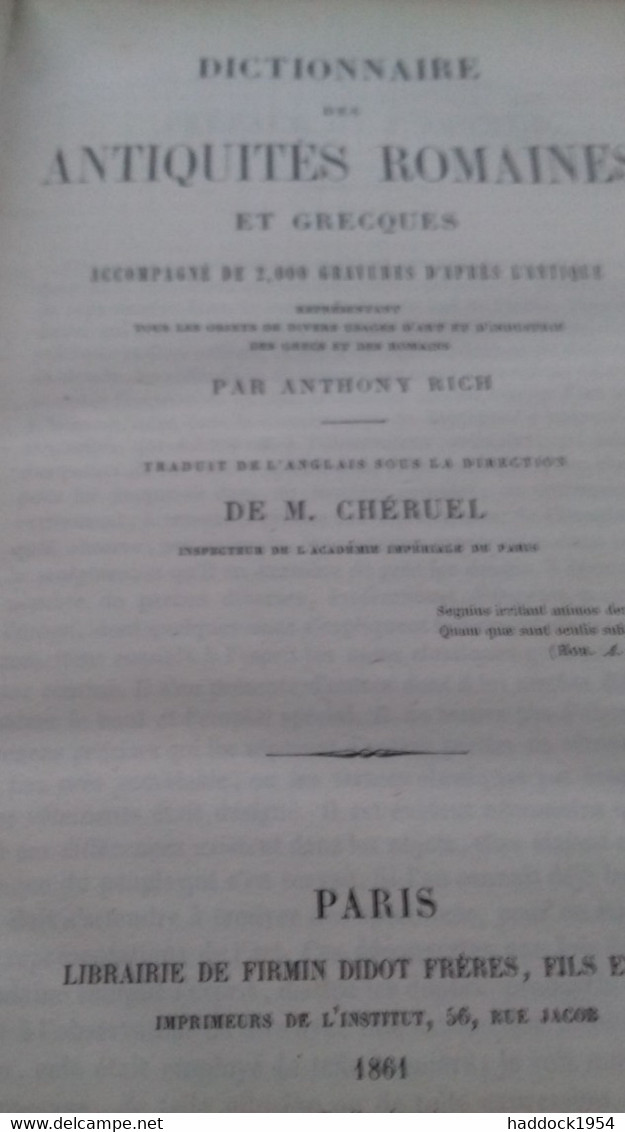 Dictionnaire Des Antiquités Grecques Et Romaine ANTHONY RICH Firmin Didot 1861 - Dictionaries