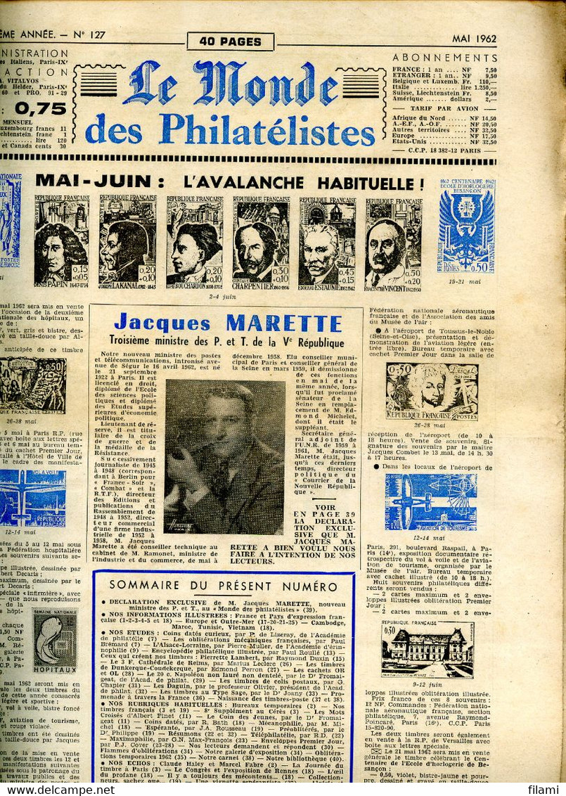 Le Monde Des Philatelistes Mai 1962,Alsace-Lorraine,colis-postaux,Sage,Dunkerque-Coudekerque,cachet OR Et OL,Napoleon 20 - Frans (vanaf 1941)