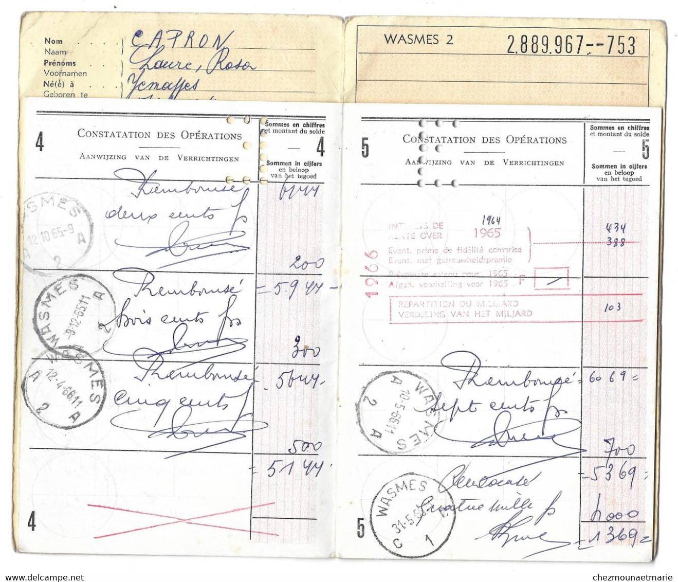 LIVRET D EPARGNE SPAARBOEKJE BELGIQUE WASMES 2 CAPRON LAURE NEE A JEMAPPES 1884 VVE LESTESSE TIMBRES - 1914 A 1966 - Andere & Zonder Classificatie