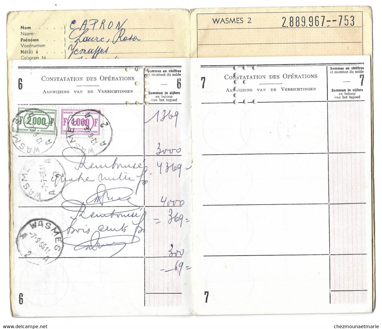 LIVRET D EPARGNE SPAARBOEKJE BELGIQUE WASMES 2 CAPRON LAURE NEE A JEMAPPES 1884 VVE LESTESSE TIMBRES - 1914 A 1966 - Andere & Zonder Classificatie