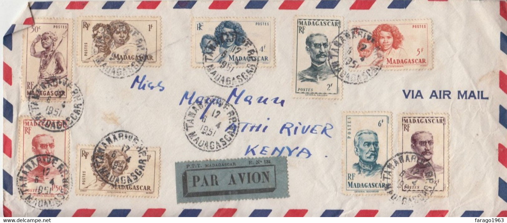 1951 Madagascar Definitives 50c To 6f On Cover TANANARIVE To KENYA (some Toning On Stamps) - Other & Unclassified