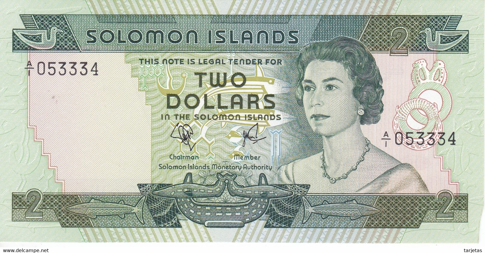 BILLETE DE SALOMON ISLANDS DE 2 DOLLARS DEL AÑO 1977 SIN CIRCULAR-UNC (defecto Esquina Al Hacer El Corte) - Salomonseilanden