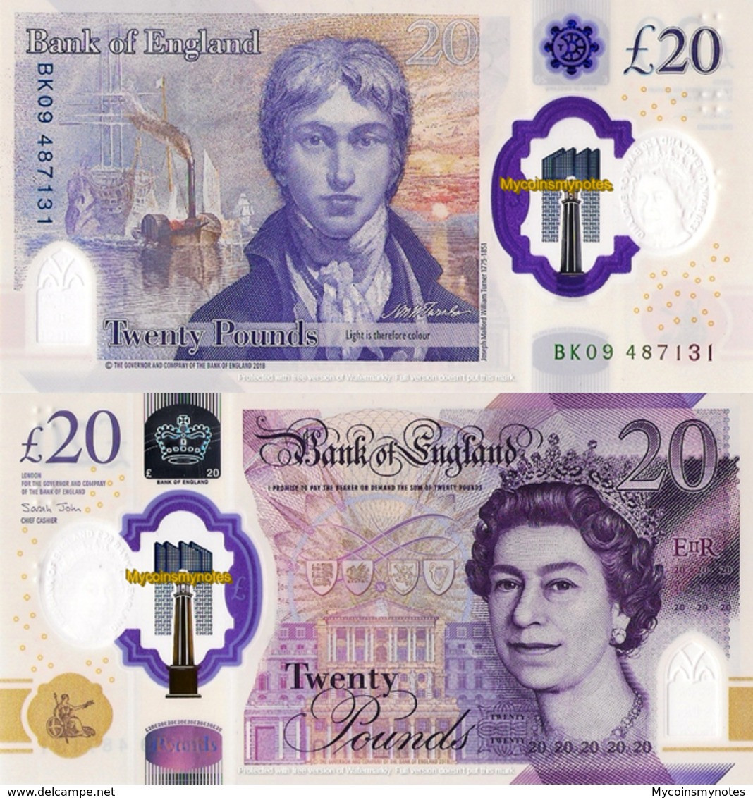 ENGLAND, 20 POUNDS, 2020 P-NEW, NEW DESIGN, POLYMER, Q. Elizabeth II, UNC - 20 Pounds