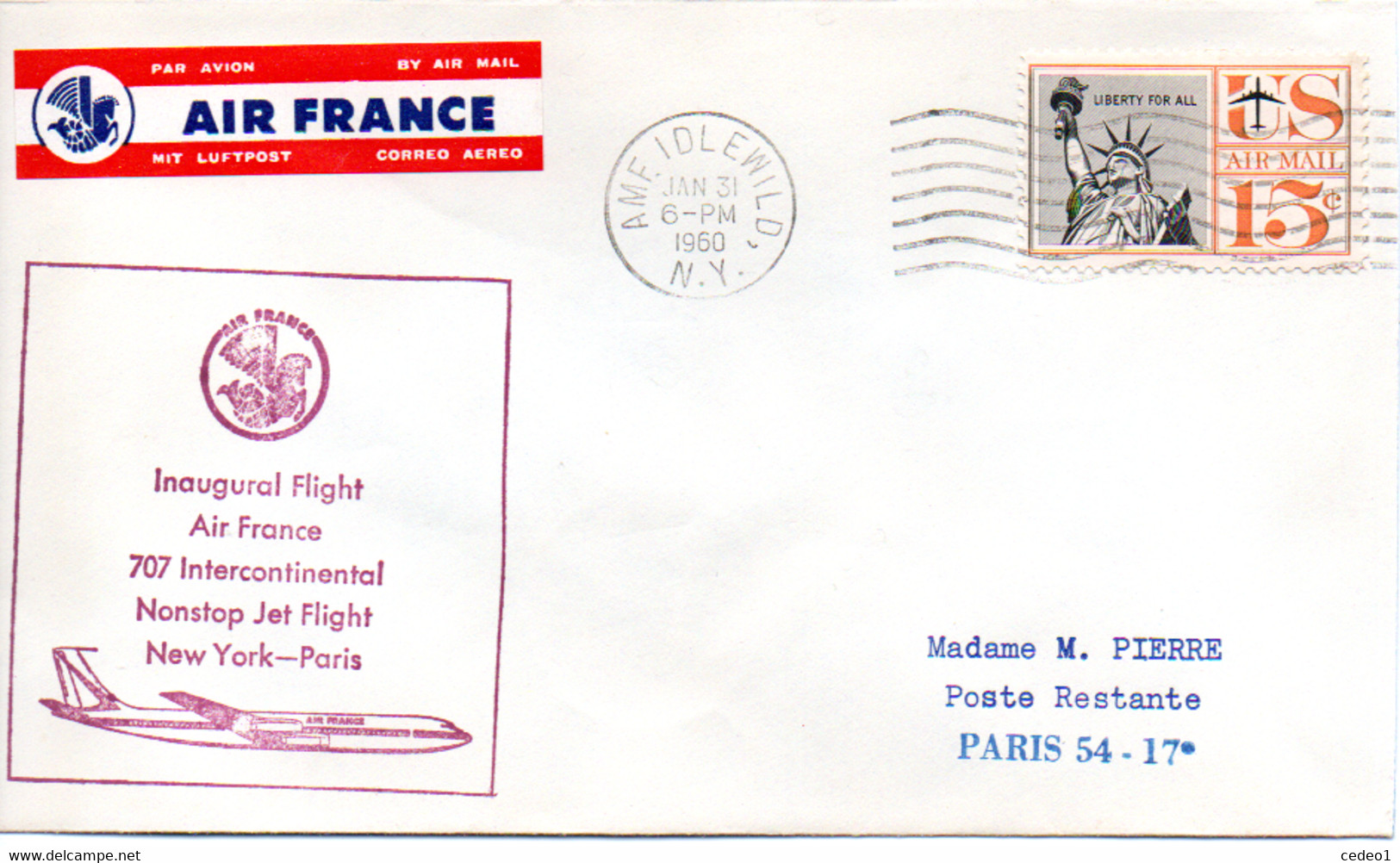 INAUGURAL FLIGHT AIR FRANCE  707 INTERCONTINENTAL NEW-YORK - PARIS  1960 - Recordatorios