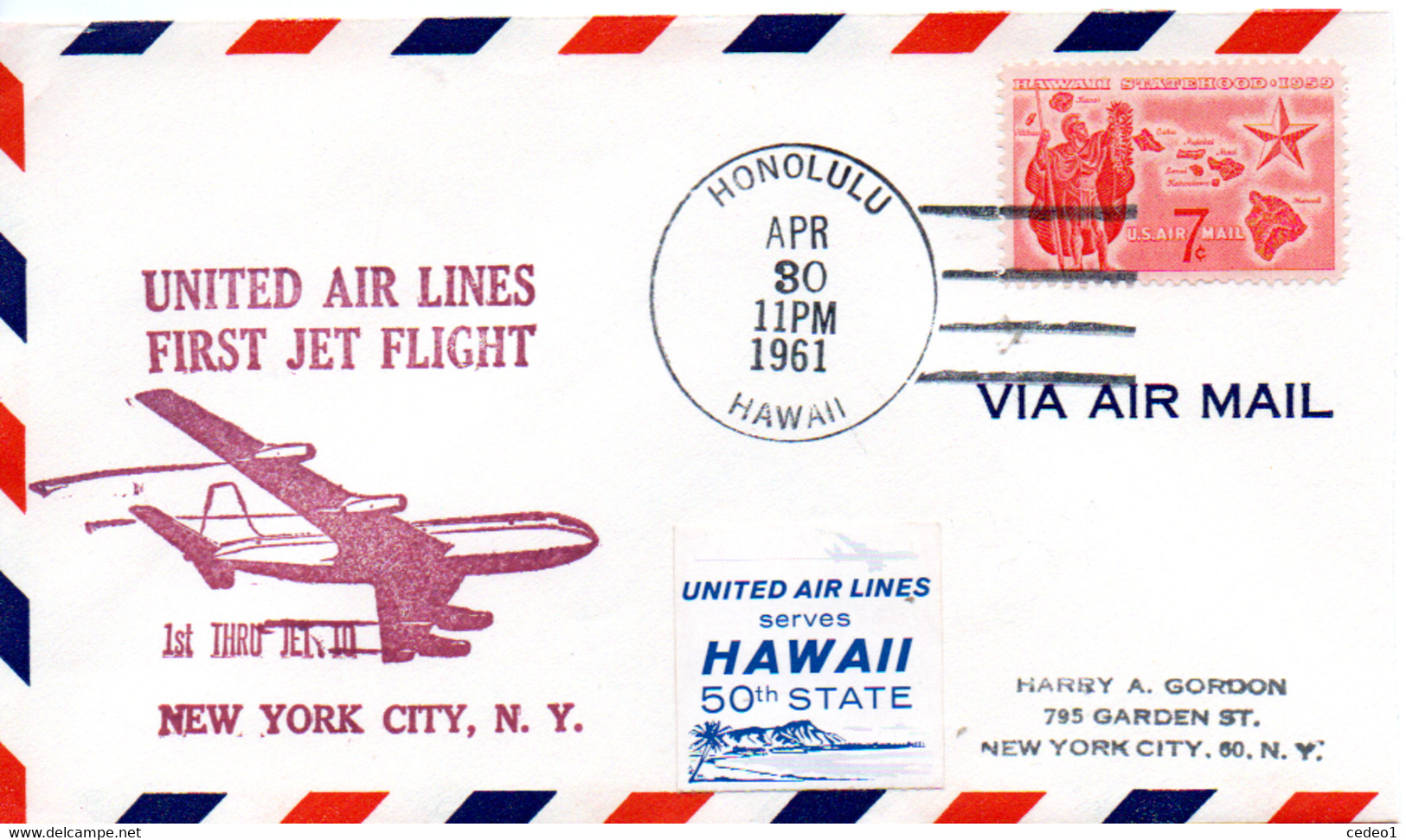 UNITED AIR LINES FIRST JET FLIGHT  NEW-YORK CITY   HAWAII  CACHET HONOLULU 1961 - Recordatorios