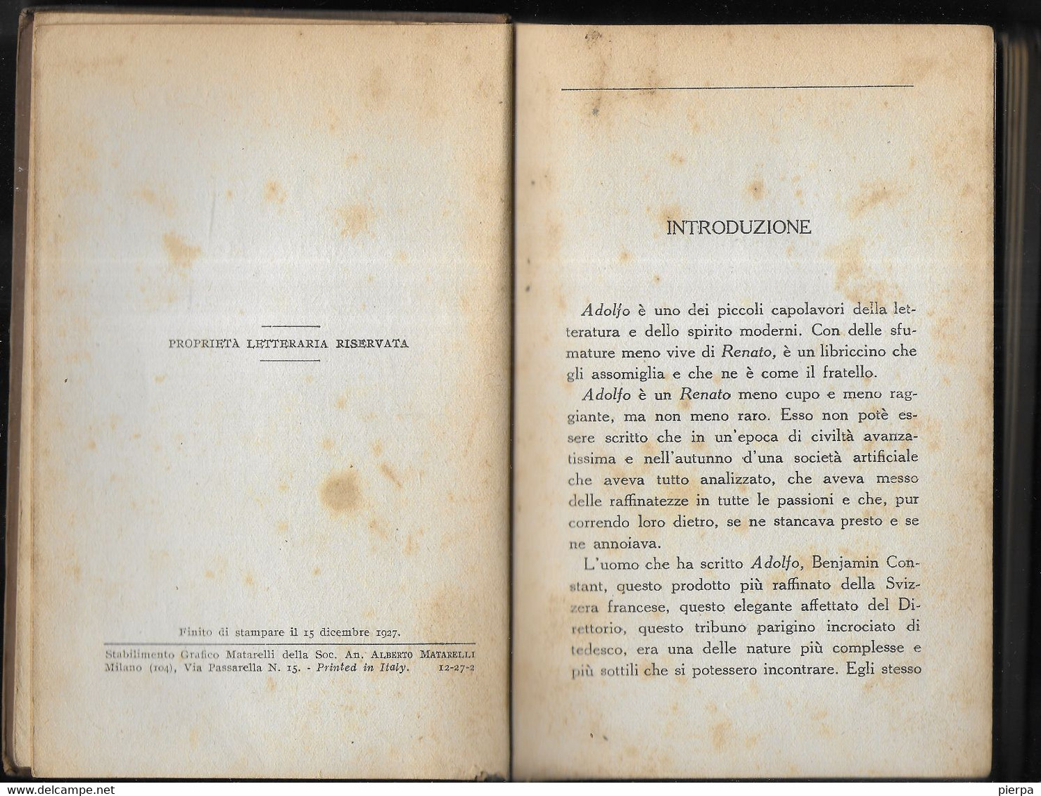 ADOLFO - B. CONSTANT - EDIZIONE SONZOGNO 1927 - PAG 215 . FORMATO 12X 18 - USATO BUON STATO - Libri Antichi