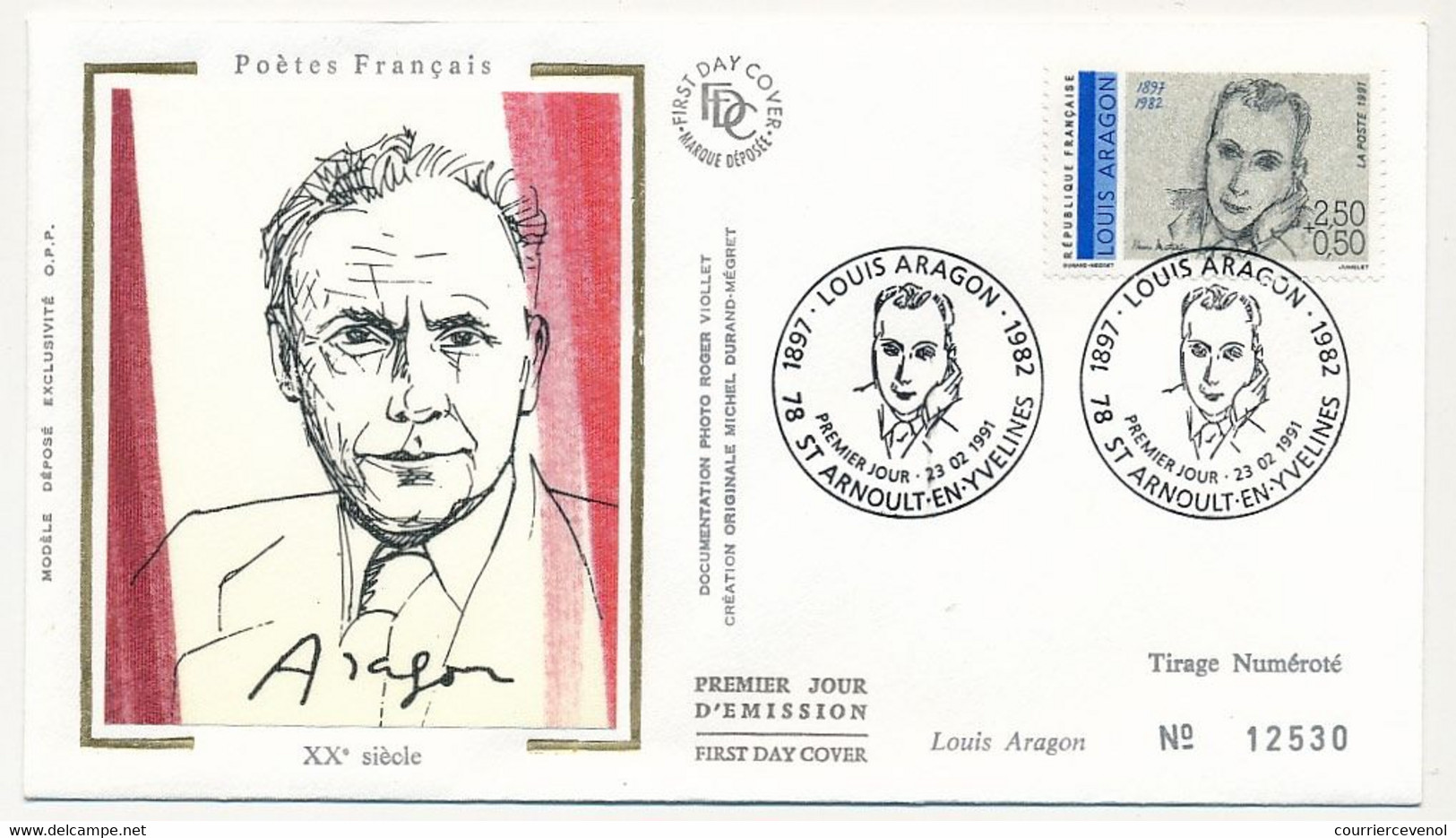 FRANCE - 6 Enveloppes FDC Soie - Série "Poètes" - Eluard, Ponge, Aragon, Prévert, Char, Breton - 23/02/1991 - 1990-1999