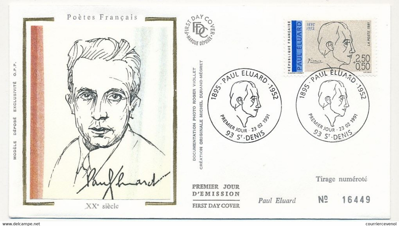 FRANCE - 6 Enveloppes FDC Soie - Série "Poètes" - Eluard, Ponge, Aragon, Prévert, Char, Breton - 23/02/1991 - 1990-1999