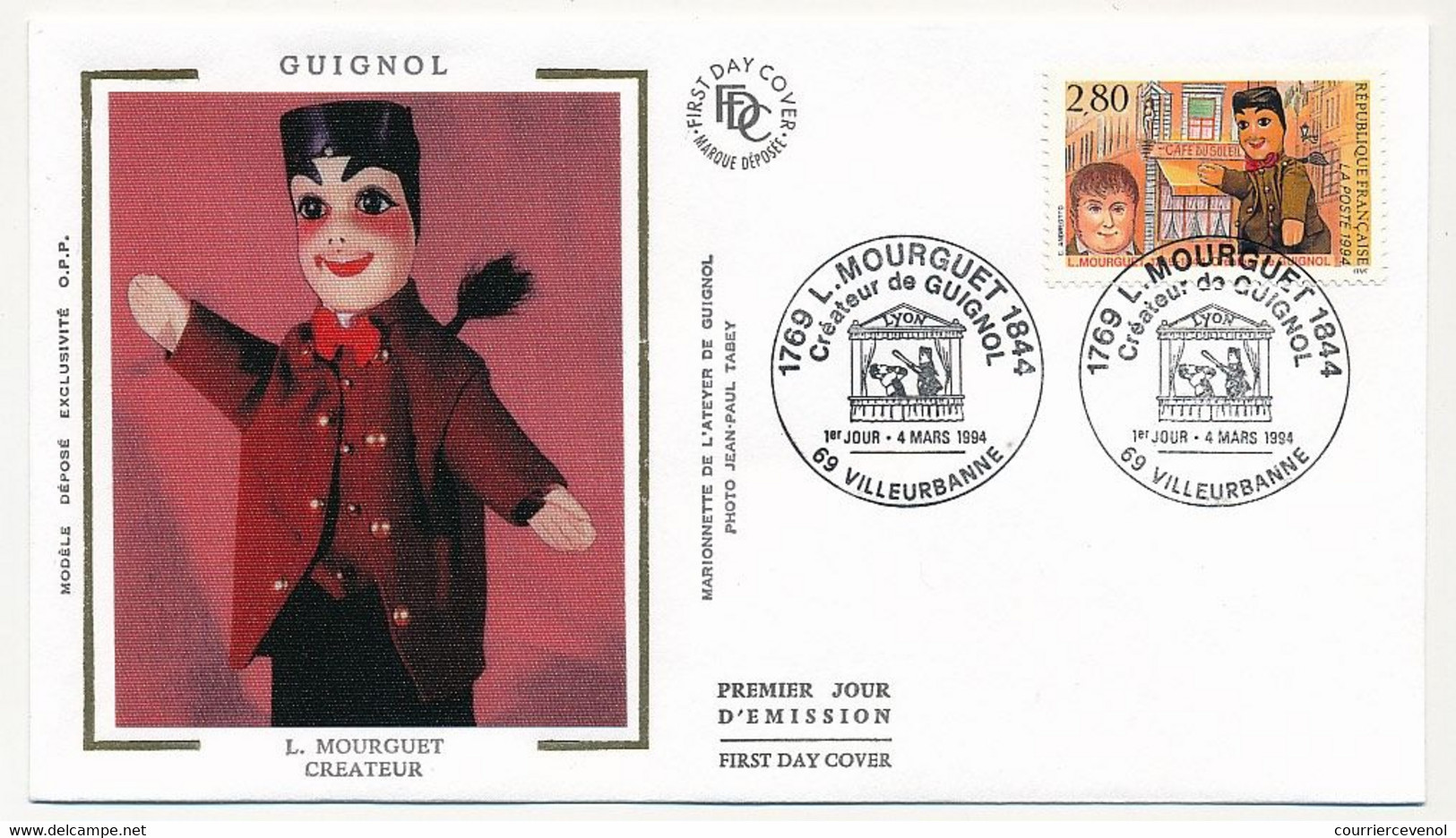 FRANCE - 2 Enveloppes FDC Soie - L. MOURGUET Créateur De Guignol - Obl VILLEURBANNE / LYON - 4 Mars 1994 - 1990-1999