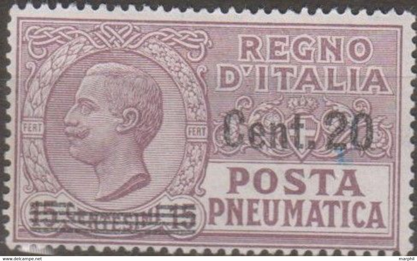Italia 1924 Posta Pneumatica UnN°PN6 (*) No Gum Cent 20/15 - Poste Pneumatique