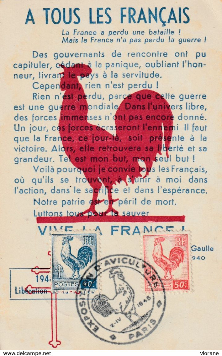 Carte Maximum - 79e Exposition D'aviculture Paris - Vive La France - 1940-1949