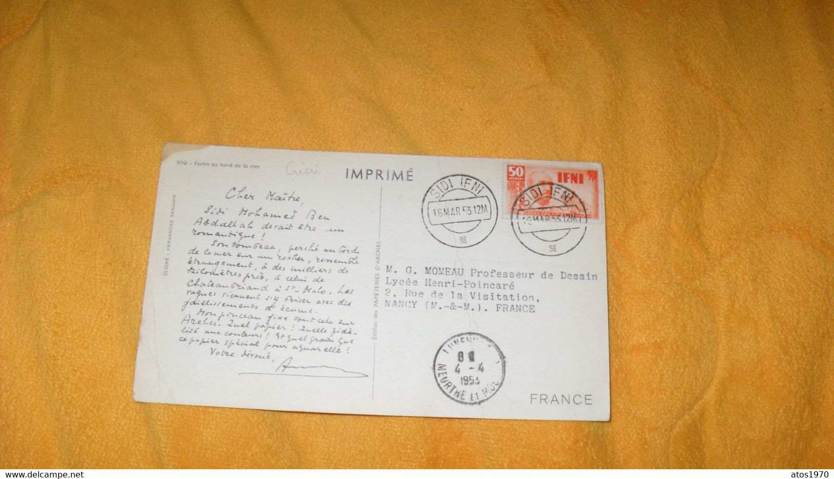 CARTE IMPRIME DE 1953. IFNI.- FORTIN AU BORD DE LA MER..CACHETS SIDI IFNI + TIMBRE - Ifni