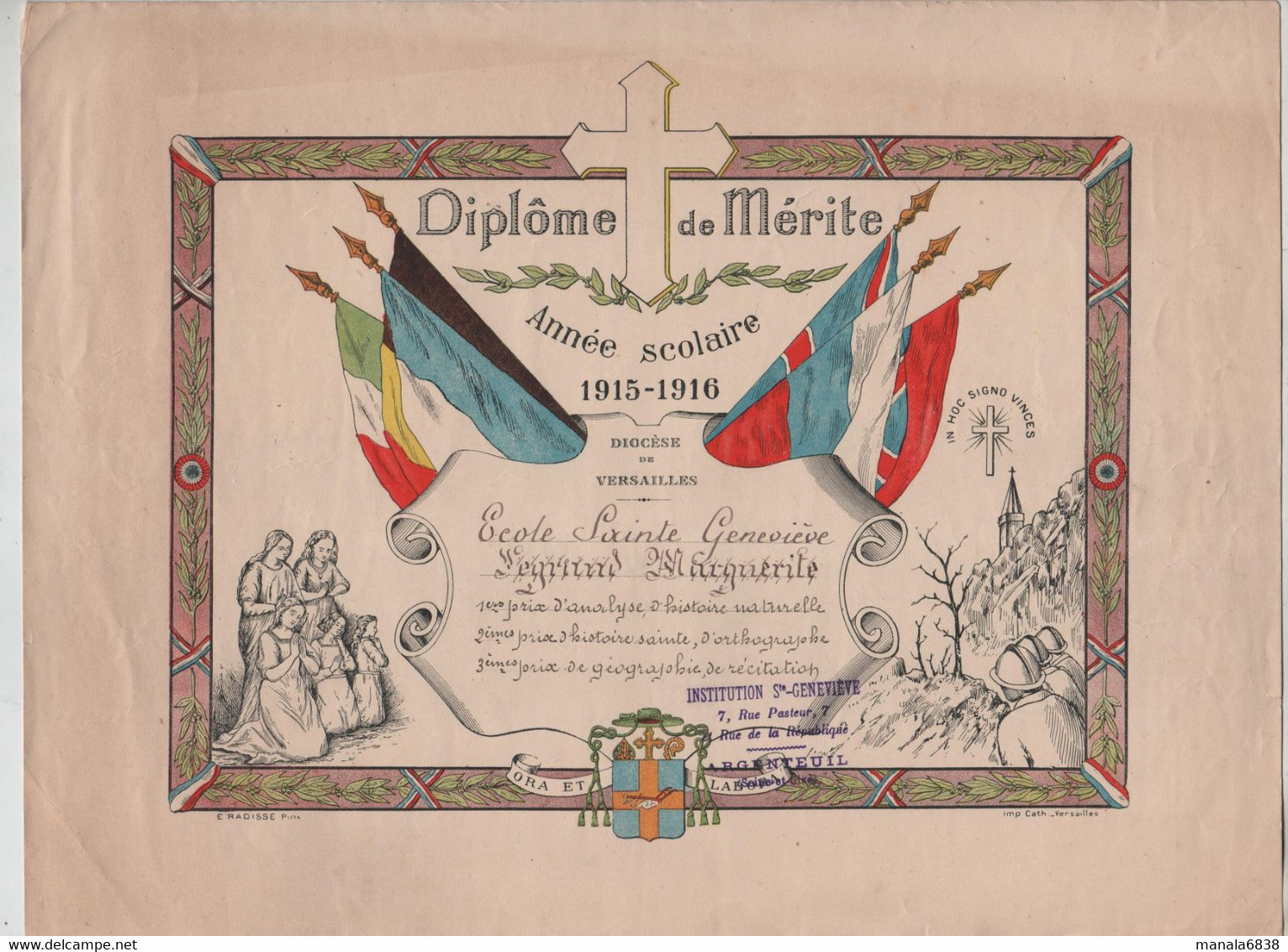 Diplôme De Mérite 1915 1916 Ecole Sainte Geneviève Argenteuil Legrand Radisse - Diplome Und Schulzeugnisse