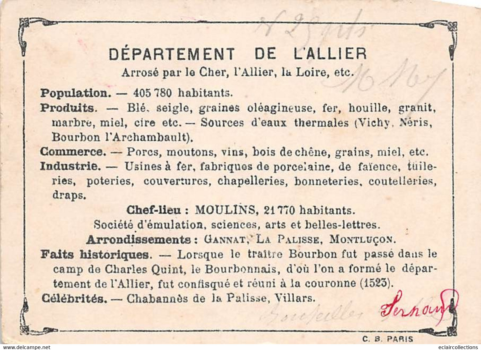 Non Localisé. Divers           03        Image Chromo  8.5x 11.5. Carte Du Département     (voir Scan) - Sonstige & Ohne Zuordnung